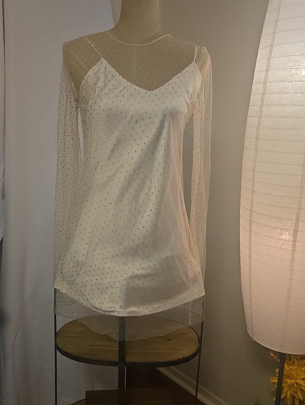 Zara Cream With Rhinestones,Long Sleeve Mini Dress